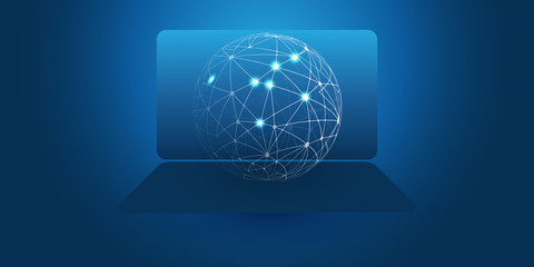 Global Networks Design with Wireframe Globe and Laptop - Vector Template for Your Business 