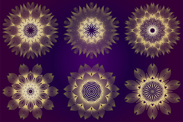 Set of Modern Decorative Floral Mandala. Decorative Cicle Ornament. Floral Design. Vector Illustration. Can Be Used For Textile, Greeting Card, Coloring Book, Phone Case Print. Purple gold color