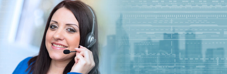 Smiling woman using an headset. panoramic banner