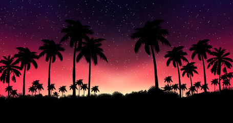 Night landscape with palm trees, against the backdrop of a neon sunset, stars. Silhouette coconut...