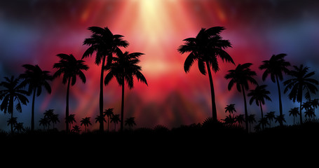 Fototapeta na wymiar Night landscape with palm trees, against the backdrop of a neon sunset, stars. Silhouette coconut palm trees on beach at sunset. Vintage tone.