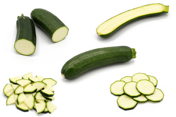 zucchini - set of fresh whole and sliced zucchinis - isolated on white