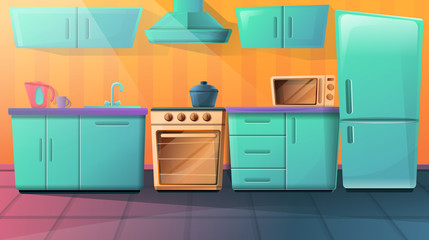 cozy cartoon kitchen with kitchen furniture, vector illustration
