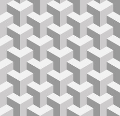 Seamless 3D geometrical pattern of overlapping cubes. Abstract design vector background in shades of grey