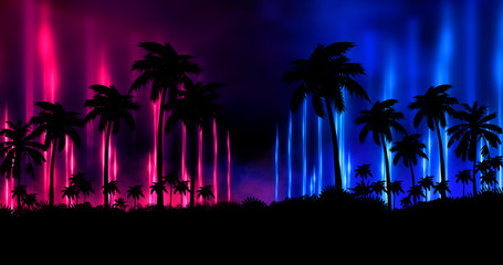 Night landscape with palm trees, against the backdrop of a neon sunset, stars. Silhouette coconut...