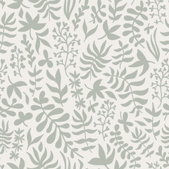 Grey greenery leaves on white background floral seamless vector pattern