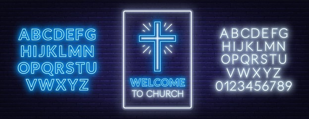 Church cross neon sign. Glowing symbol of the crucifixion with fonts. Welcome To Church.