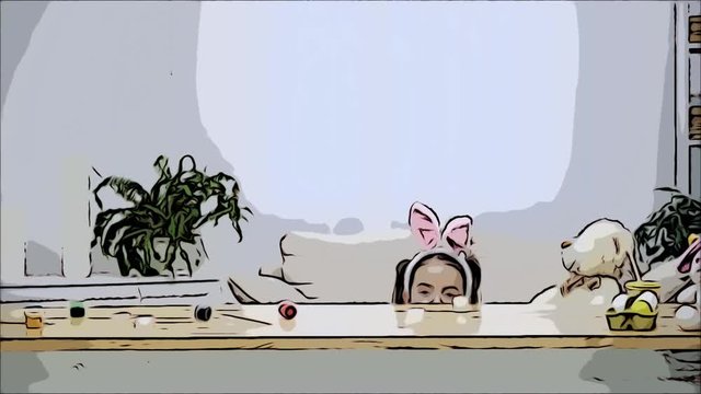 Little playing kid with bunny ears on her head is hiding under the wooden table, full of Easter decorations. Cute girl is looking out at the end. Animated video. Scatch.