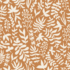 Orange & white leaves and plants seamless vector pattern 