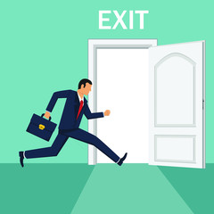 Businessman running out of the exit door vector design illustration