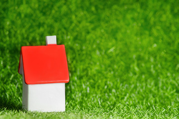 small house with red roof on grass background