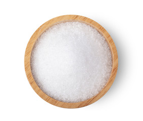 white sugar in wood bowl isolated on white background, top view