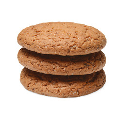 Several pieces of oatmeal cookies are hilted on top of each other. White isolated background. Close quarters. Side view.