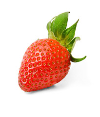 Fresh juicy strawberry with green leaves on a white isolated background. Bright color. Close-up. Side view.