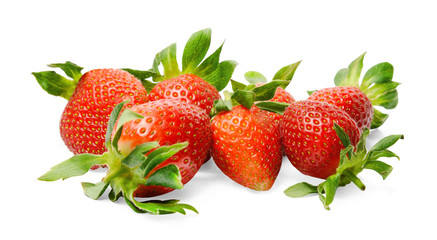 A bunch of fresh tasty strawberries on a white isolated background. Close-up. Bright colours. Side view.