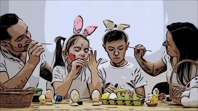 Parents with their smily and cute kids, are colourizing each other, sitting at the wooden table, full of Easter decorations. Father is painting a red heart on daughter's cheek, mother is painting with