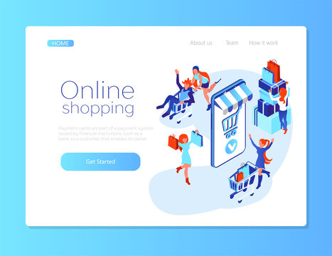 Online shopping. Web page design template. People around intertnet store. Mobile shop. Happy me and women with shoppig cart. Isometric flat 3d illustration for web page or web banner