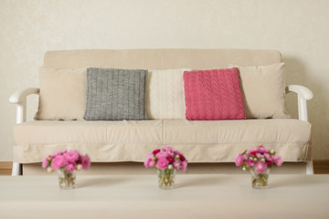 Beige sofa with pillows in the living room and vase with Flowers (Michaelmas daisy, asters).