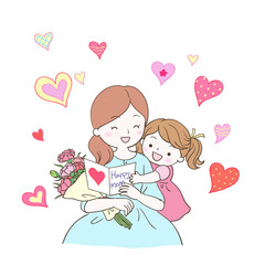 Daughter gives mother a love card and carnation flowers