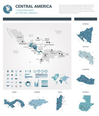 Vector maps set.  High detailed 7 maps of countries in Central America with administrative division and cities. Political map, map of America continent, world map, globe, infographic elements.