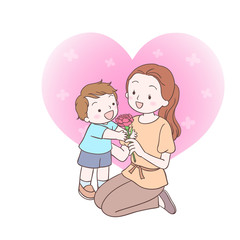 The child gives the carnation flowers to the mother.