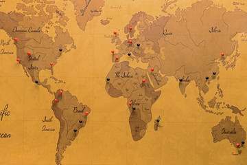 Pins on world map, top view