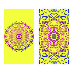 Vintage Invitation Card With Mandala Pattern. The Front And Rear Side. Beautiful Ornament. Vector Illustration. Purple yellow color