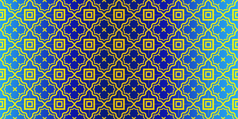 Seamless Geometrical Linear Texture. Original Geometrical Puzzle. Backdrop. Vector Illustration. For Design, Wallpaper, Fashion, Print. Blue yellow color