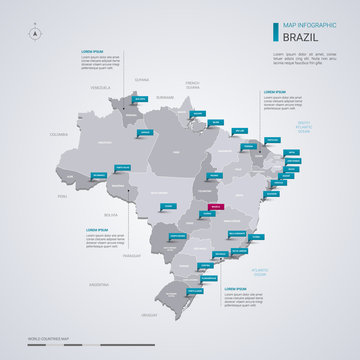 Brazil vector map with infographic elements, pointer marks.