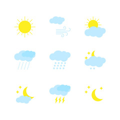 Set of modern weather icons. Flat collection of symbols of different weather isolated on white background. Vector.