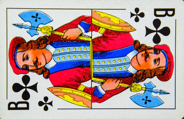 Card playing jack of clubs, suit of clubs.