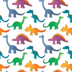 Childish seamless pattern with cute dinosaurs on white background. Design for fabric, textile, decor. Vector illustration.