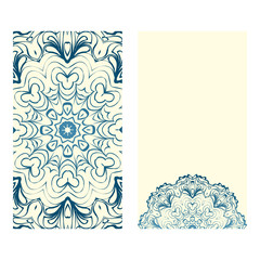 Invitation Or Card Template With Floral Mandala Pattern. Decorative Background For Wedding, Greeting Cards, Birthday Invitation. The Front And Rear Side. Milk blue color