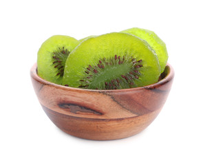 Bowl with tasty dried kiwi on white background