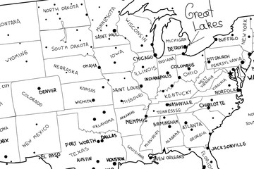 Hand drawned vector illustration of United States of America map. Creative line art