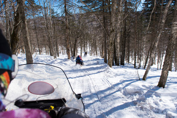 Snow mobile in blizzard through the woods and forest,outdoor sport concept.