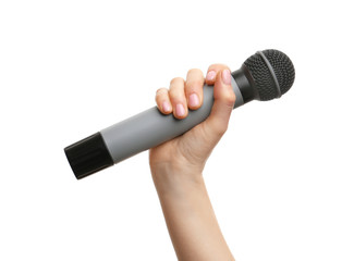 Female hand with microphone on white background
