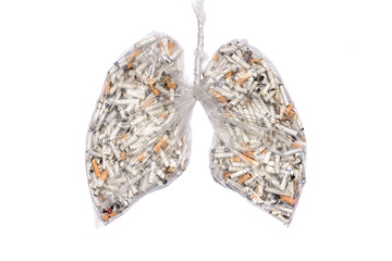 Stop smoking. Cigarette in forms of human lungs. Cigarette butts in pulmonary contour in transparent nylon pouch.