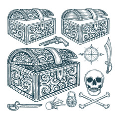 Treasure. Pirate treasure chest and elements illustrations set. Pirate vintage style drawing symbolic.