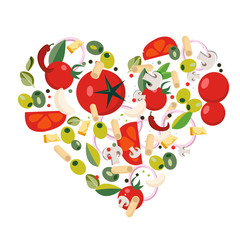 Heart shape with Mediterranean icons. Ingredients - tomato, olive, onion, pepper, mushroom, pasta, cheese,chili,garlic, oregano. italian food illustration in heart form.Flat vector illustration
