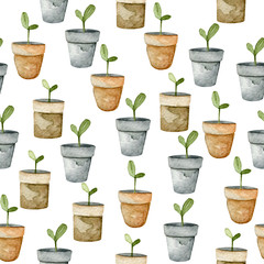 Watercolor seamless pattern of pots with sprouts. Watercolor gardening