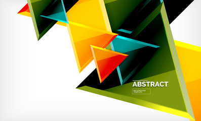 Triangles repetiton geometric abstract background, multicolored glossy triangular shapes, hi-tech poster cover design or web presentation template with copy space