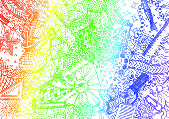 Hand drawn doodle backdrop pattern with numerous different school and office items. Rainbow colored tracery on white background, vector illustration