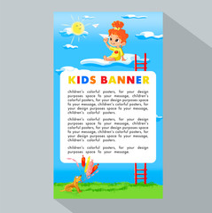 Fototapeta premium Summer Kids. Vector illustration of kid playing on clouds with a paper airplane for summer camp poster. Template for advertising brochure, your text. Ready for your message.