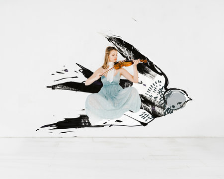 floating girl in blue dress playing violin with bird illustration