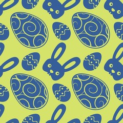 Seamless Easter pattern with eggs and rabbit. Vector illustration.