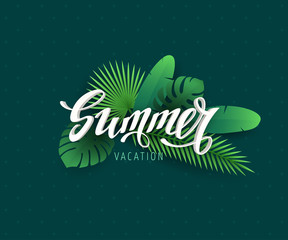 Vector illustration with 3D text Summer and tropical plants in paper cut style (leaves of palm, banana, monstera, borassus) on dark green background. Origami exotic floral decor for travel design.