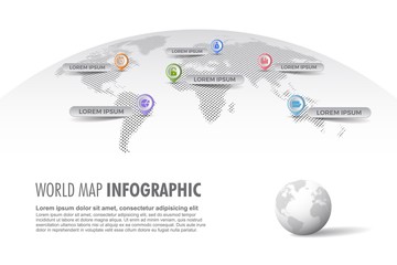 Light halftone world map infographic template with globe, color icons as data visualization