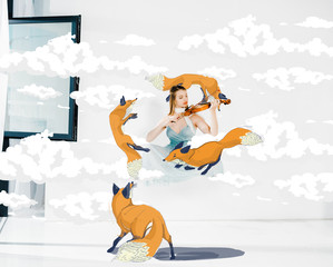  girl in blue dress playing violin with foxes illustration