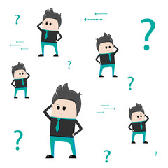 A lot of confused thoughtful businessmans. Vector arrows and question marks, flat design